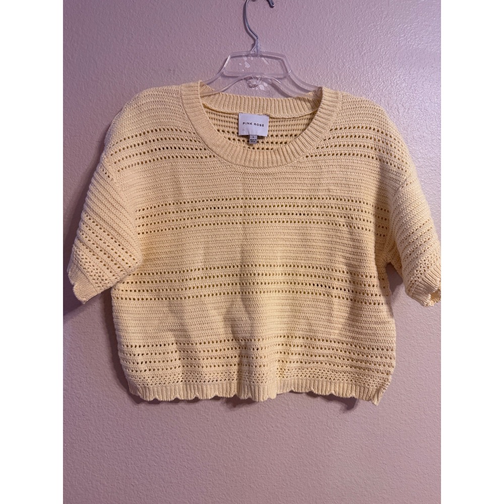 Pink Rose Women Yellow‎ Pointelle Knit Short Sleeve Sweater Large 5S11282